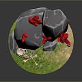 Natural Outdoor Scene With Skull Bones Gray Rocks Red Flowers And Green Grass