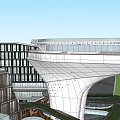 Modern Commercial Street With Curved Buildings Green Roofs And Glass Facades