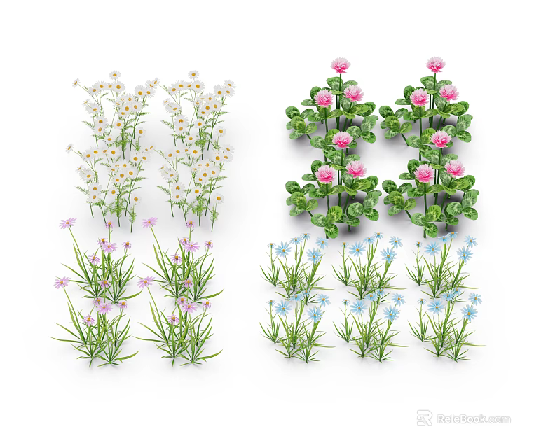 Assorted Decorative Flowers And Plants With White Daisies Pink Roses And Blue Small Blooms 3d model 