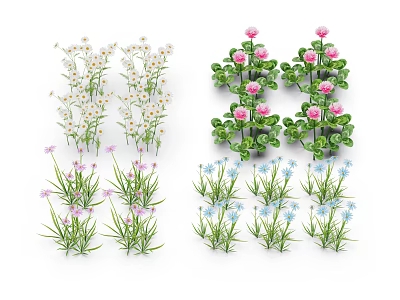 Assorted Decorative Flowers And Plants With White Daisies Pink Roses And Blue Small Blooms 3d model