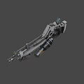 3D Rendered Sci-Fi Gun Featuring Silver Metallic Texture Complex Mechanical Structure And Yellow Triangle Symbol