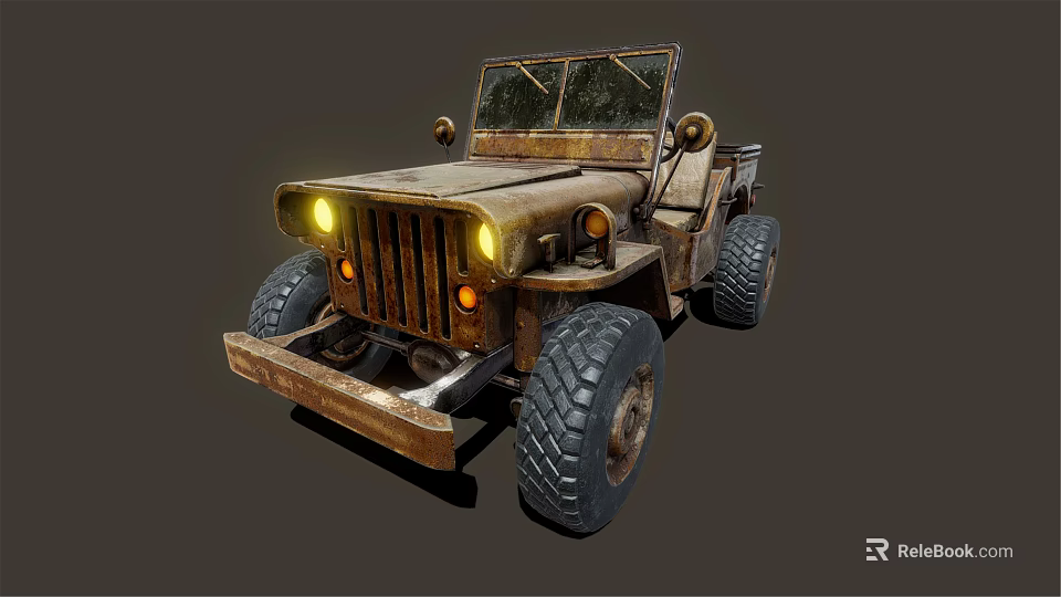Classic Old Rusty Vintage Jeep With Bright Headlights And Big Tires 3d model 