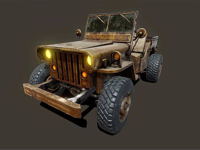 Classic Old Rusty Vintage Jeep With Bright Headlights And Big Tires 3d model