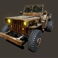 Classic Old Rusty Vintage Jeep With Bright Headlights And Big Tires