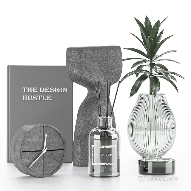 Minimalist Decorative Ornament Set With Concrete Hourglass Amber Diffuser Glass Vase Plant And Design Book 3d model 