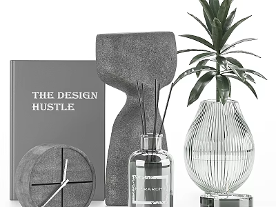 Minimalist Decorative Ornament Set With Concrete Hourglass Amber Diffuser Glass Vase Plant And Design Book 3d model