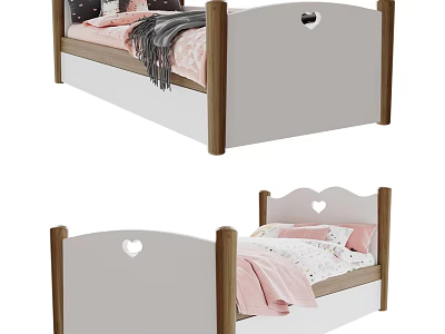 Kids Bed With Wooden Frame Heart Shaped Design Pink Bedding Pillows And Soft Blanket 3d model