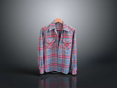 Plaid Long Sleeve Shirt With Blue Red Check Pattern Hanging On Wooden Hanger 3d model