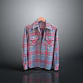 Plaid Long Sleeve Shirt With Blue Red Check Pattern Hanging On Wooden Hanger