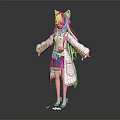 Anime Cat Eared Girl With Pink Long Hair In White Purple Outfit And Cat Features