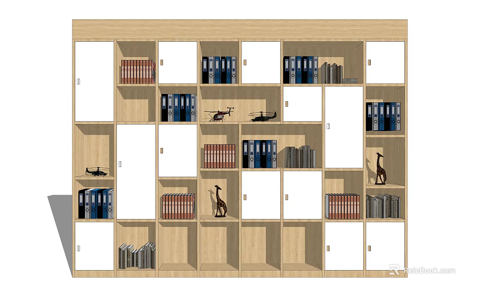 Light Wood Bookcase With Various Compartments Books Binders And Decorative Figurines 3d model