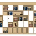 Light Wood Bookcase With Various Compartments Books Binders And Decorative Figurines 3d model