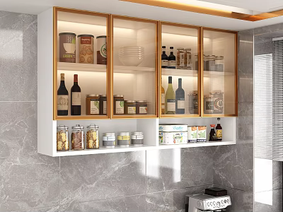 Modern Kitchen Wall Cabinets With Glass Doors And Storage For Wine Bottles Jars 3d model