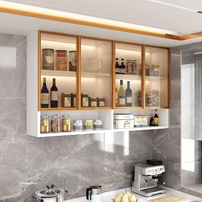 Modern Kitchen Wall Cabinets With Glass Doors And Storage For Wine Bottles Jars 3d model