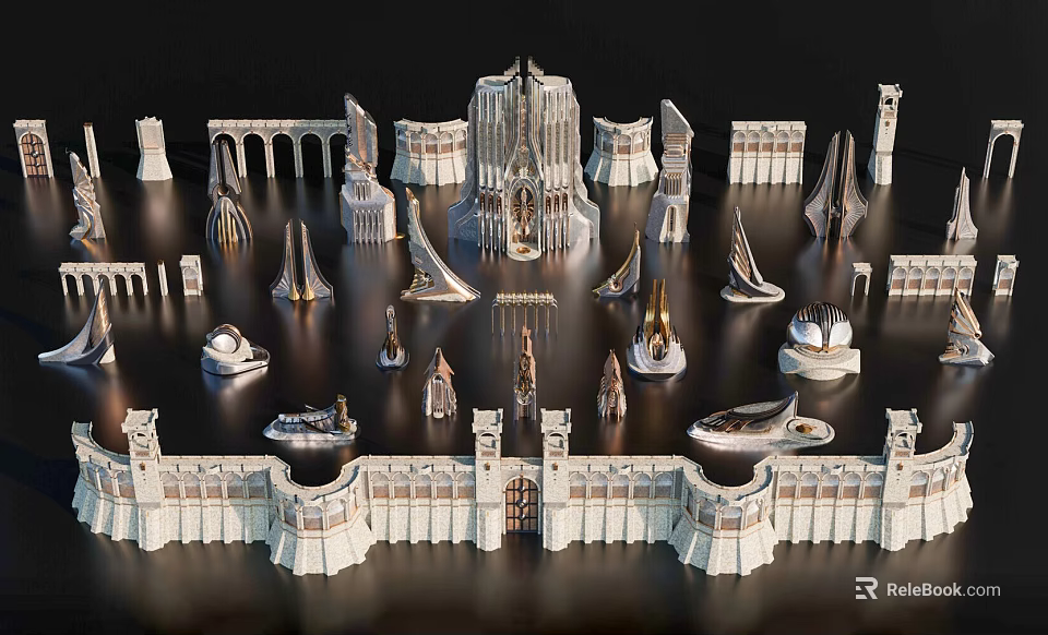 Futuristic Urban Architecture Complex With Various Styles Towers Arches And Symmetrical Layout 3d model 