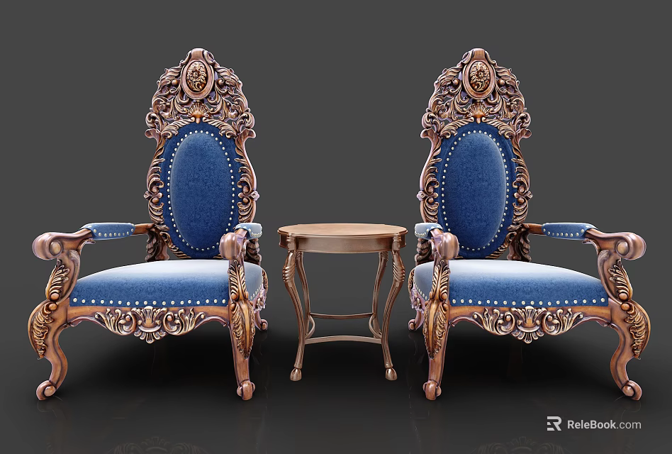 Blue Leisure Sofa Set With Carved Wooden Frame And Small Round Table 3d model 