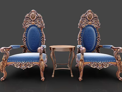 Blue Leisure Sofa Set With Carved Wooden Frame And Small Round Table 3d model