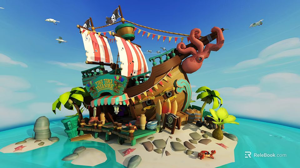 Cartoon Pirate Ship Scene With Colorful Sails Palm Trees And Octopus On Tropical Island 3d model 
