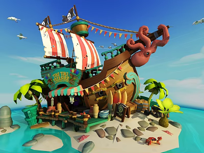 Cartoon Pirate Ship Scene With Colorful Sails Palm Trees And Octopus On Tropical Island 3d model