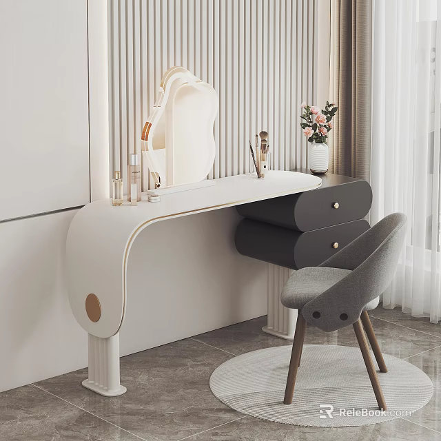 Modern Dressing Table With Mirror Gray Chair Drawers And Flower Vase Decor 3d model 