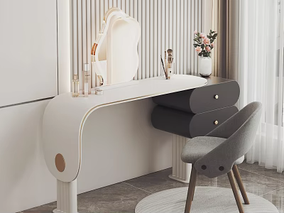 Modern Dressing Table With Mirror Gray Chair Drawers And Flower Vase Decor 3d model