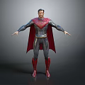 Superman Game Character In Red And Blue Suit With Red Cape Standing Arms Outstretched