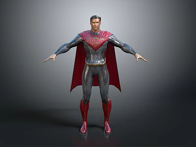 Superman Game Character In Red And Blue Suit With Red Cape Standing Arms Outstretched 3d model