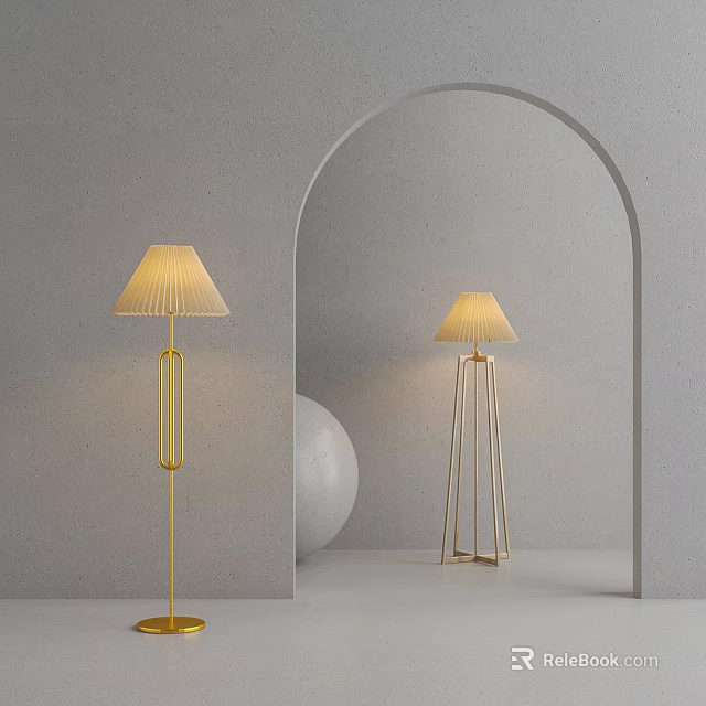 Modern Floor Lamp With Golden Stand Pleated Lampshade Gray Wall Arched Doorway 3d model 