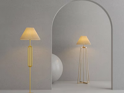 Modern Floor Lamp With Golden Stand Pleated Lampshade Gray Wall Arched Doorway 3d model