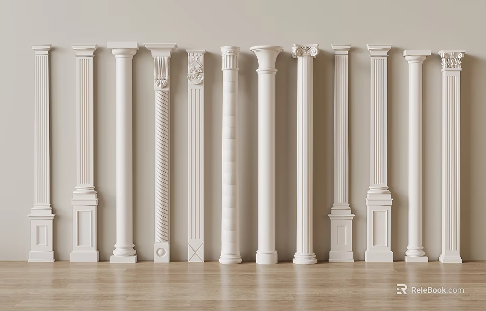 Various Designed White Decorative Columns With Carved Details In Interior Space 3d model 