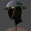 Green Military Style Helmet With Wide Brim And Brown Strap On Mannequin Head