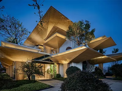 Modern Sales Office Building With Layered Roof Design And Illuminated Exterior Surrounded By Greenery 3d model