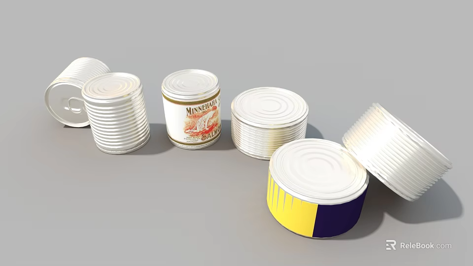 Assorted Canned Food Including Mackerel With Colorful Metal Lids And Sizes 3d model 