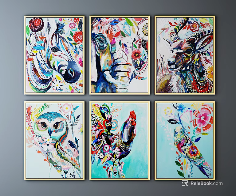 Colorful Animal Oil Paintings with Zebra Elephant Antelope Owl Rooster Parrot Designs 3d model 