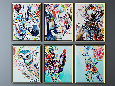 Colorful Animal Oil Paintings with Zebra Elephant Antelope Owl Rooster Parrot Designs 3d model