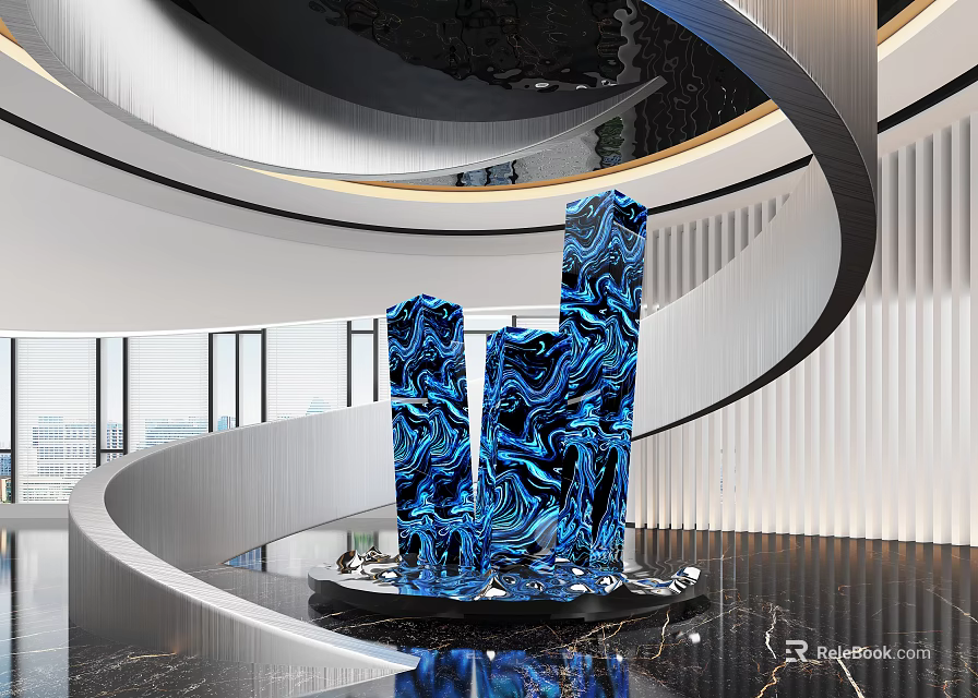 Modern Lobby Interior With Spiral Staircase And Blue Art Sculptures 3d model 