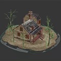 Yellow House Miniature Model With Silver Roof Chimney And Bare Trees