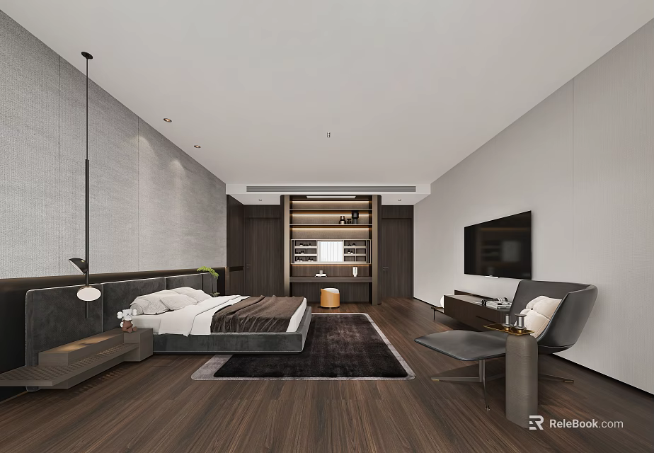 Modern Hotel Guest Room With Bed TV Armchair Wooden Flooring Pendant Light And Decorative Bookshelf 3d model 