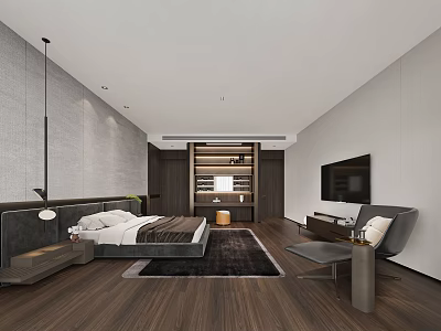 Modern Hotel Guest Room With Bed TV Armchair Wooden Flooring Pendant Light And Decorative Bookshelf 3d model