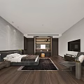 Modern Hotel Guest Room With Bed TV Armchair Wooden Flooring Pendant Light And Decorative Bookshelf