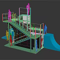 Green Staircase Structure with Human Figures and Blue Wave Elements 3d model