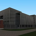 Modern Office Building with Glass Curtain Wall Metal Stripes Red Brick Base Lawn and Pathway