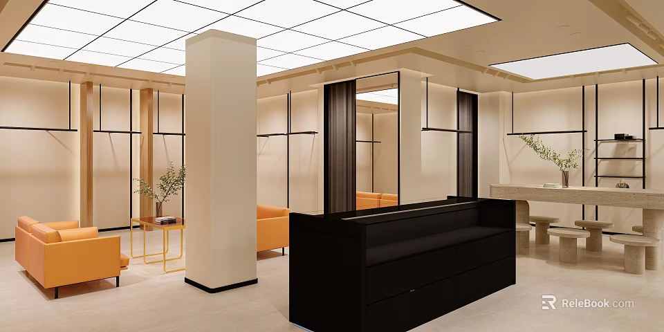 Modern Clothing Store Interior With Display Racks Mirrors Seating And Reception Counter 3d model 