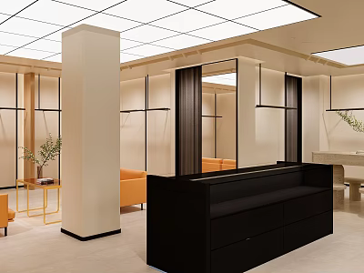 Modern Clothing Store Interior With Display Racks Mirrors Seating And Reception Counter 3d model
