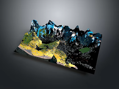 Mountain Landscape With Blue Peaks Yellow Valleys Green Vegetation And Dark Terrain 3d model