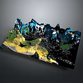 Mountain Landscape With Blue Peaks Yellow Valleys Green Vegetation And Dark Terrain