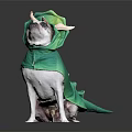 Cute Dog Sitting In Green Dinosaur Costume With Horns And Tail