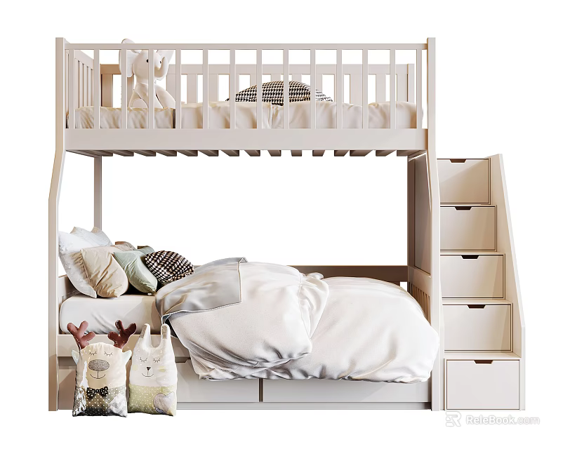 Modern White Bunk Bed with Ladder Storage Drawers and Cozy Pillows 3d model 