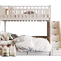 Modern White Bunk Bed with Ladder Storage Drawers and Cozy Pillows