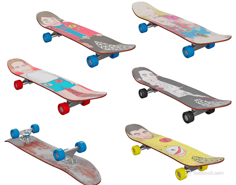 Trendy Skateboards With Various Colorful Designs And Multicolored Wheels For Sports 3d model 